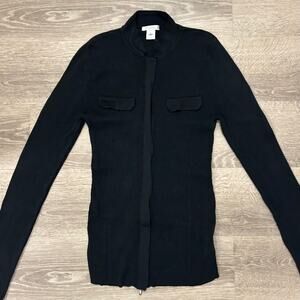 MaxMara Pura Seta 100% Silk Rib Knit Zip Jacket M Black Italy